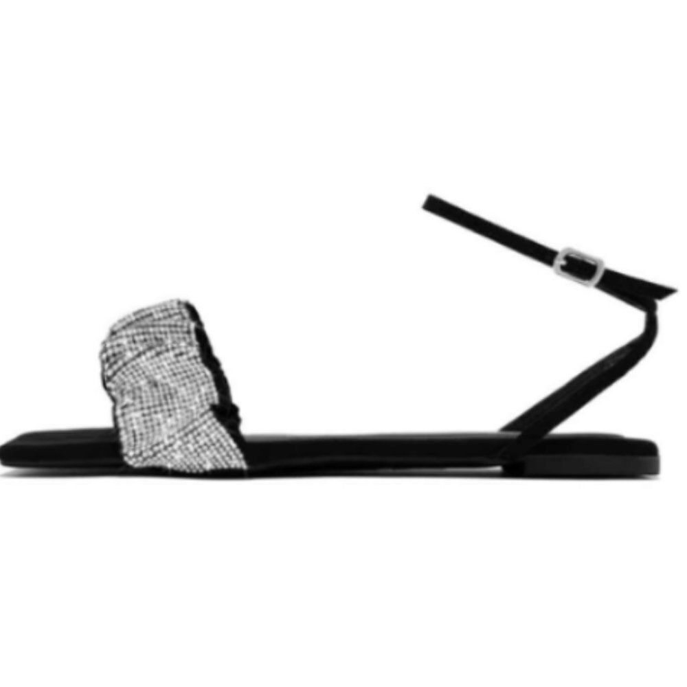 BLACK RHINESTONE FLAT SANDAL - Picture 2 of 4